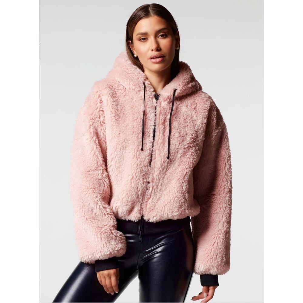 BLANC NOIR JACKET Women's Size XS Pink Black Faux Shearling REVERSIBLE HOODED - Picture 4 of 9